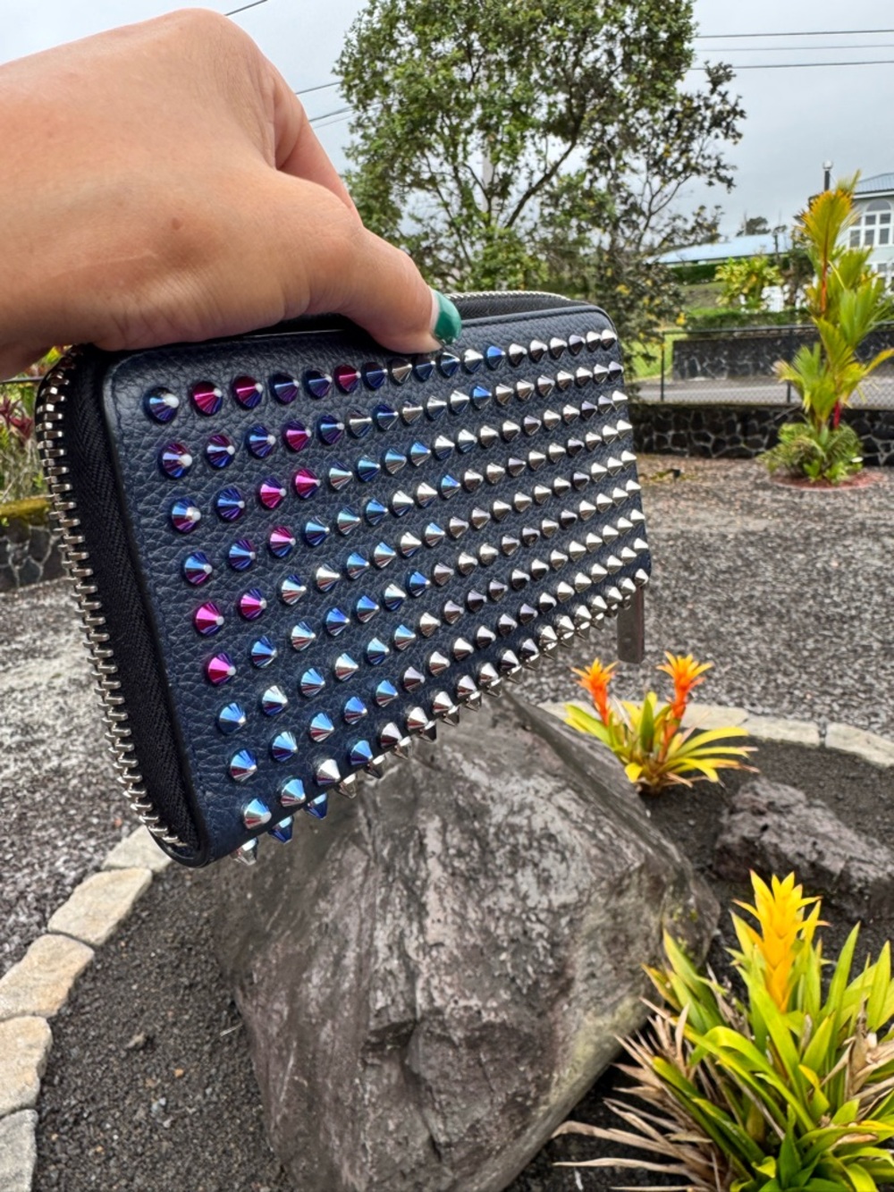 Christian Louboutin Studded Zip Around Wallet Multicolor Spikes Red Interior - Picture 8 of 13